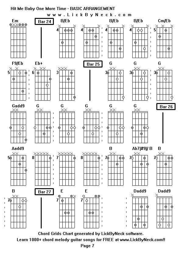 Chord Grids Chart of chord melody fingerstyle guitar song-Hit Me Baby One More Time - BASIC ARRANGEMENT,generated by LickByNeck software.